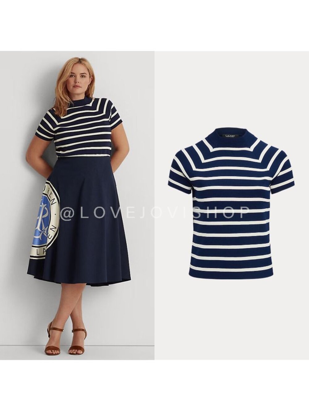 Coastal | Ralph Lauren Navy White Striped Knit Short Sleeve Mock Neck Sweater XL